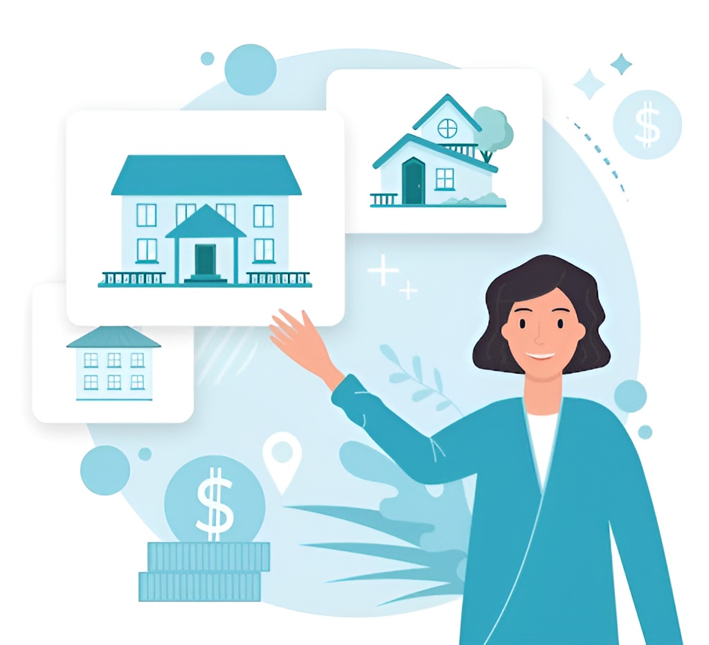 An illustration of a mortgage concept with a house, coins, and a phone showing a credit score.